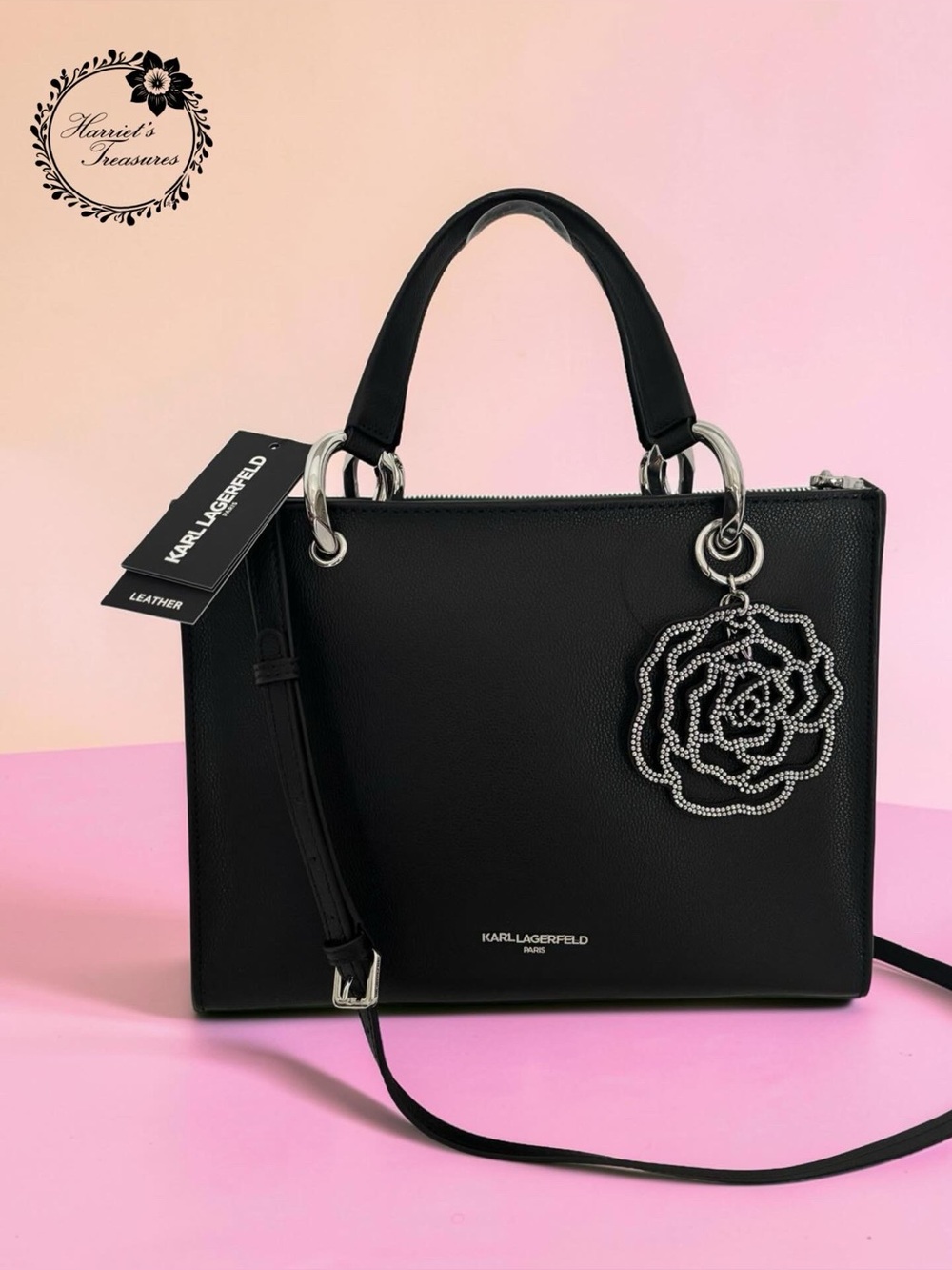 Karl Lagerfeld Black Leather Satchel with Silver Floral Charm